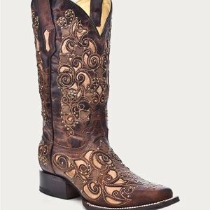 Corral A3326 Women’s Tan Inlay Studded Square Toe Boots 7.5